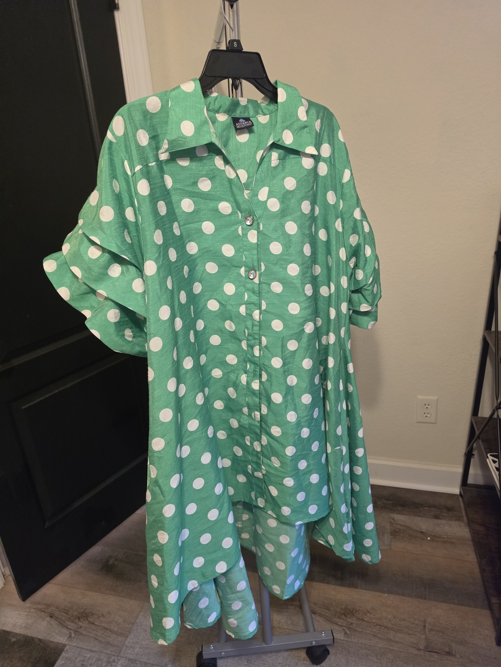 Polka Dot Button-Down Green Dress